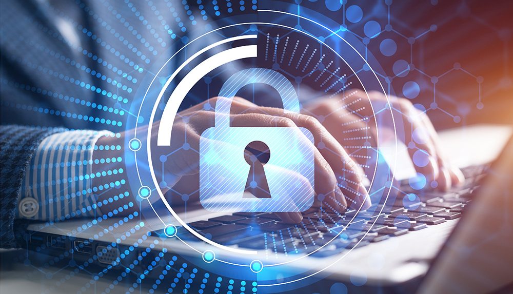 Digital cybersecurity and network protection Digital cybersecurity and network protection concept. Virtual locking mechanism to access shared resources. Interactive virtual control screen with padlock. Businessman working at laptop on background